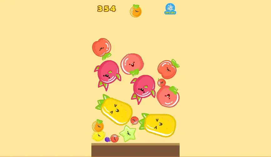 Fruits stacked close to the top, creating a tense moment in the Watermelon Game.